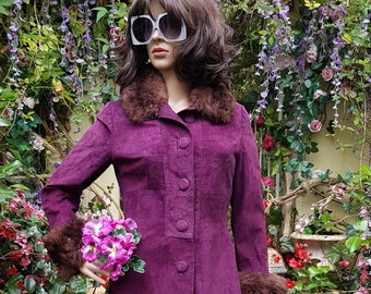 Vintage Coat: Stunning Vintage 1960s / 1970s Purple Suede Coat with Sheepskin Trim by Neville Walters