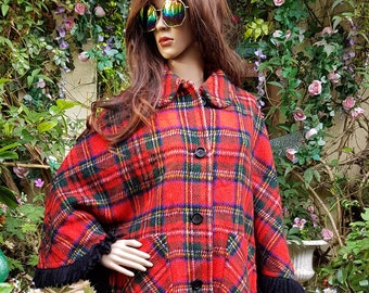 Vintage Cape: Lovely Vintage 1970s Red Tartan Fringed Poncho / Cape with Collar