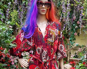 Gorgeous Vintage 1960s / 1970s Red Paisley and Floral Dressing Gown / Robe / House Coat by Kay Sidney