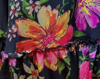 Vintage Skirt: Pretty Vintage Black and Multicoloured Floral Tiered Skirt with Ruffle Hem