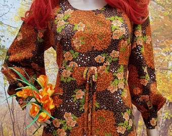 UK 12/14 (US 8/10) Funky Vintage 1970s Handmade Psychedelic Brown and Orange Flower Power Maxi Dress