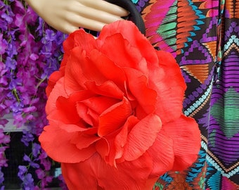 Vintage Tasche: Fabelhafte Vintage 1980er Jahre Knallrot Oversize Blumen Schwarze Handtasche