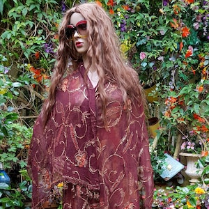Vintage Shawl: Stunning Vintage Brown and Gold Heavily Hand Sequined Silk Chiffon Shawl with Tassels