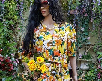 Vestido midi psicodélico con estampado floral naranja y amarillo de Fair Lady, vintage, años 70 y principios de los 80, talla 14/16 (EE. UU. 10/12)