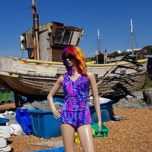 Vintage Swimsuit: Fabulous Vintage 1960’s 1970’s Psychedelic Blue, Pink and Purple Abstract Pattern Bathing Swimming Costume Swimsuit