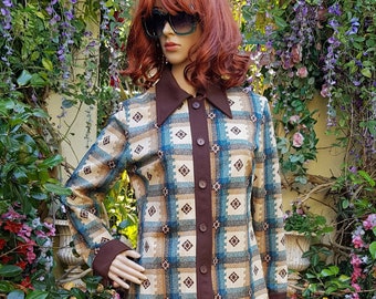 UK 10/12 (US 6/8) Funky Vintage 1960s/1970s Blue, Brown and Cream Ladies Shirt by Alexander Clare