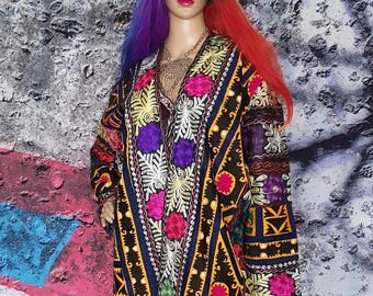 Vintage Coat: Beautiful Vintage Black and Multicoloured Uzbek / Tajik Embroidered Traditional Unisex Coat/Robe Chapan