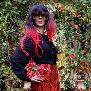 UK 8/10 (US 4/6) Funky Vintage 1970s Black and Red Brushed Nylon Maxi Dress with Ruffles by Dorothy Perkins