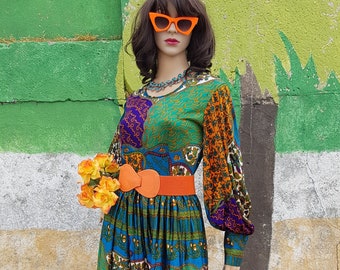 UK 10 (US 6) Gorgeous Vintage 1960s / 1970s Psychedelic Green Purple Orange Blue Abstract Pattern Maxi Dress by Mardaville