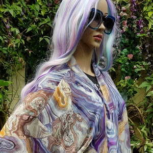 UK 10 US 6 Lovely Vintage Blue, Purple, Orange, Brown Sheer Chiffon Kimono Style Summer Jacket/Top image 3