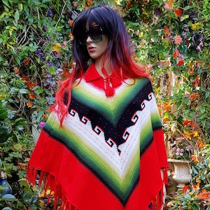 Vintage Poncho: Gorgeous Vintage 1970s Red, White and Green Knitted Poncho with Mexican Geometric Design and Pompoms