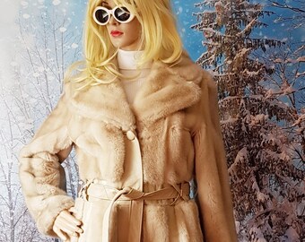 Vintage Coat: Gorgeous Vintage 1960s / 1970s Light Beige / Blonde / Cream Faux Fur and Leather Belted Coat