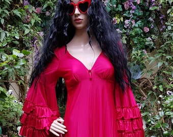 RESERVED - Fantastic Vintage 1970s Boho Flamenco Nylon Bright Red Maxi Dress or Night Dress with Amazing Flared Fluted Sleeves and Ruffles