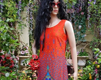 UK 10 (US 6) Gorgeous Vintage 1970s Psychedelic Red, Blue, Orange and Turquoise Abstract Patterned Maxi Dress