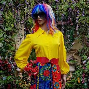 UK 10 (US 6) Bonkers Vintage anni &#39;70/&#39;60 Psichedelico Giallo Rosso Blu Flower Power e stampa astratta Pantaloni palazzo svasati Zip frontale Tuta