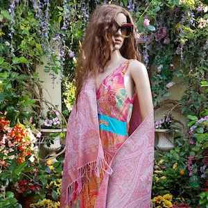 Vintage Shawl: Gorgeous Vintage 1990s Pink Green Blue and Orange Paisley Pashmina Shawl
