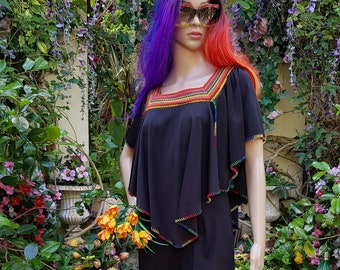 Vintage Jumpsuit: Epic Vintage 1970s Rare Black and Rainbow Flared Jumpsuit with Cape Sleeves and Embroidery Trim