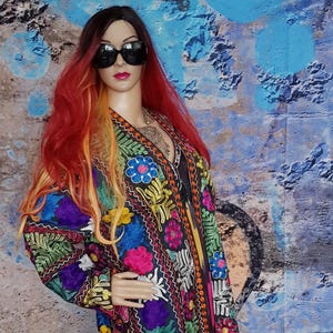 Vintage Coat: Fabulous Vintage Black and Multicoloured Uzbek  / Tajik Traditional Unisex Embroidered Coat/Robe Chapan