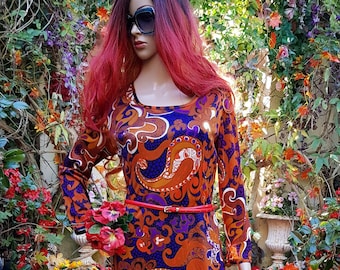 UK 10 (US 6) Stunning Vintage Psychedelic Orange, Brown and Blue Paisley Maxi Dress by Mandell Couture London New York