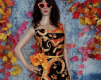 UK 12 (US 8) Stunning Vintage 1960s/1970s Psychedelic Paisley Velour Orange, Yellow and Brown Autumn Maxi Dress