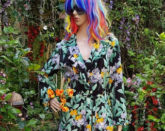 Reino Unido 12/14 (EE.UU. 8/10) Precioso Vintage 1970's Negro Verde Gris & Naranja Floral Flower Power Boho Housecoat Vestido de azafata Maxi Vestido
