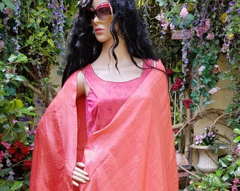 Vintage Shawl: Gorgeous Vintage Early 1990s Bright Coral Orange Pure Woven Raw Silk Shawl from Myanmar