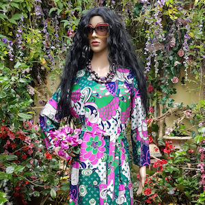 UK 14/16 (US 10/12) Stunning Vintage 1960s/1970s Psychedelic Pink Green & White Floral/Abstract Pattern Belted Maxi Dress by Elizabeth Tees