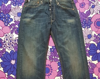 Vintage Jeans: Fab Vintage 1990s / 2000s Dark Blue Distressed Denim Levi 501 Jeans - Unworn