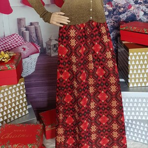 Vintage Skirt: Gorgeous Vintage 1970s Red Black and Gold Lurex Glitter Abstract Geometric Pattern Maxi Skirt