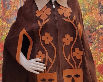 Vintage Cape: Gorgeous Rare Vintage 1970s Brown and Tan Suede Zip Front Cape/Poncho with Applique Flower Power Design