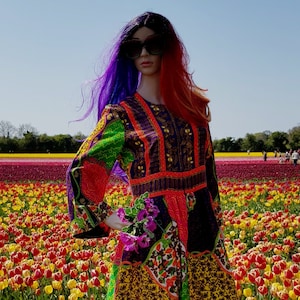UK 12 (US 8) Iconic Vintage 1960s/70s Psychedelic Abstract & Floral Patchwork Effect Zip Front Maxi Dress Flared Sleeves by Georgie KEYLOUN
