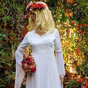 Exquisite Vintage 1970s House of Nicholas White Bridal Gown / Maxi Dress with Statement Juliet Angel Sleeves & Pleating