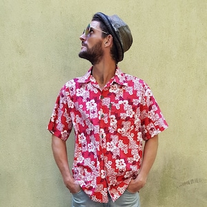 Vintage Men's Shirt: Funky Vintage Red and White Tropical Floral Flower Power Mens Hawaiian Shirt by Les Alites