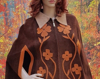 Vintage Cape: Gorgeous Rare Vintage 1970s Brown and Tan Suede Zip Front Cape/Poncho with Applique Flower Power Design