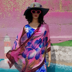 Vintage Scarf: Beautiful Vintage 1990s Blue Pink Floral Pattern Silk Chiffon Scarf Shawl with Sequins