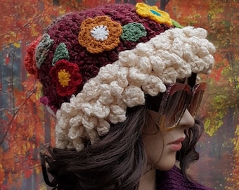 Vintage Hat: Gorgeous Unique Upcycled Vintage 1970s Handmade Brown and Cream Autumn Colours Knitted Hat with Crochet Flowers