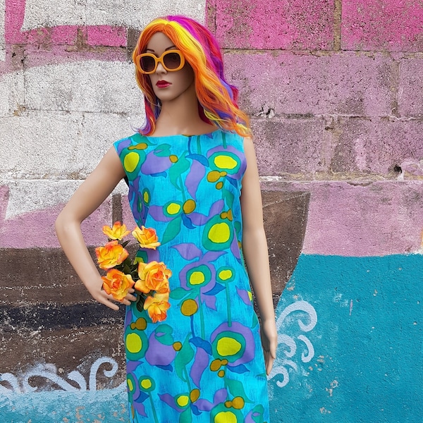 UK 12 (US 8) Epic Vintage 1960s Psychedelic Turquoise Purple Orange Blue Yellow Green Hawaiian Floral Shift Mini Dress by Nanea of Hawaii