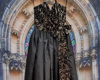 UK 10 (US 6) Beautiful Vintage 1980's Black & Gold Taffeta and Flock Occasion Evening Dress / Prom Dress by Ceremonia
