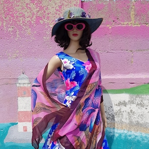 Vintage Scarf: Beautiful Vintage 1990s Blue Pink Floral Pattern Silk Chiffon Scarf Shawl with Sequins