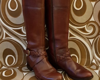 Vintage Boots: Fab Vintage Dark Tan Brown Leather Long Boots