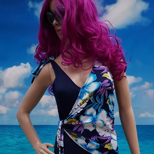 Vintage Swimsuit: Fabulous Vintage 1970s Blue Purple and White Hawaiian Floral Print One Piece Swimming Costume by Youku