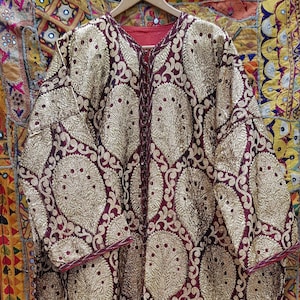 Vintage Kaftan: Epic 1960s Vintage / Antique African Sparkly Gold and Burgundy Red Lurex Paisley Bohemian Brocade Kaftan Coat / Robe