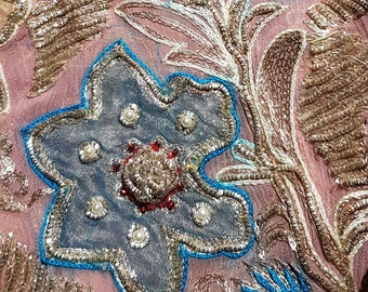 Vintage Shawl: Stunning Vintage Pure Silk Embroidered and Beaded Pink, Blue and Gold Shawl / Dupatta