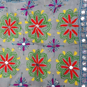Vintage Shawl: Beautiful Vintage Grey, Red, Green, Yellow and Pink Floral Embroidered and Sequin Chiffon Indian Shawl