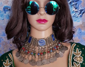 IN RESTORATION Vintage Necklace: Lovely Vintage 1950s Silver Tone Metal Lapis Lazuli Tribal Afghan Kuchi Choker Necklace