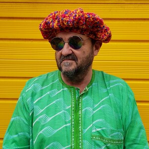 Vintage Hat: Groovy Vintage 1970s Style Bright Orange and Multicolour Crochet Rastafarian Hat