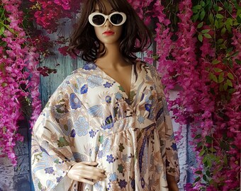 UK 18/20 (US 14/16) Groovy Vintage 1960s / 1970s Cream Blue Green Orange Art Nouveau Floral Flower Power Kaftan Maxi Dress by Clifton