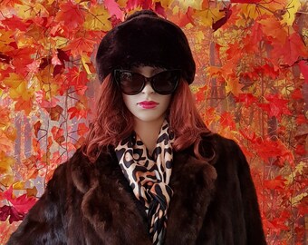 Vintage Hat: Fab Vintage 1960's Dark Brown Cosy Faux Fur "Beaver Lamb" Sheepskin Hat