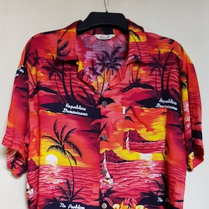 Vintage Men's Shirt: Funky Vintage 1990s  Red Yellow and Black Hawaiian Men's Shirt