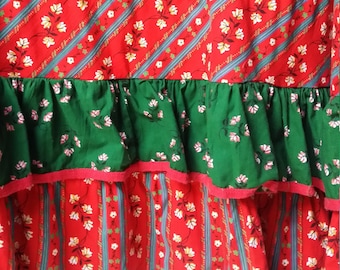 Vintage Skirt: Lovely Vintage 1970s Red, White and Green Floral Cotton and Lace Frilled Prairie Style Maxi Skirt